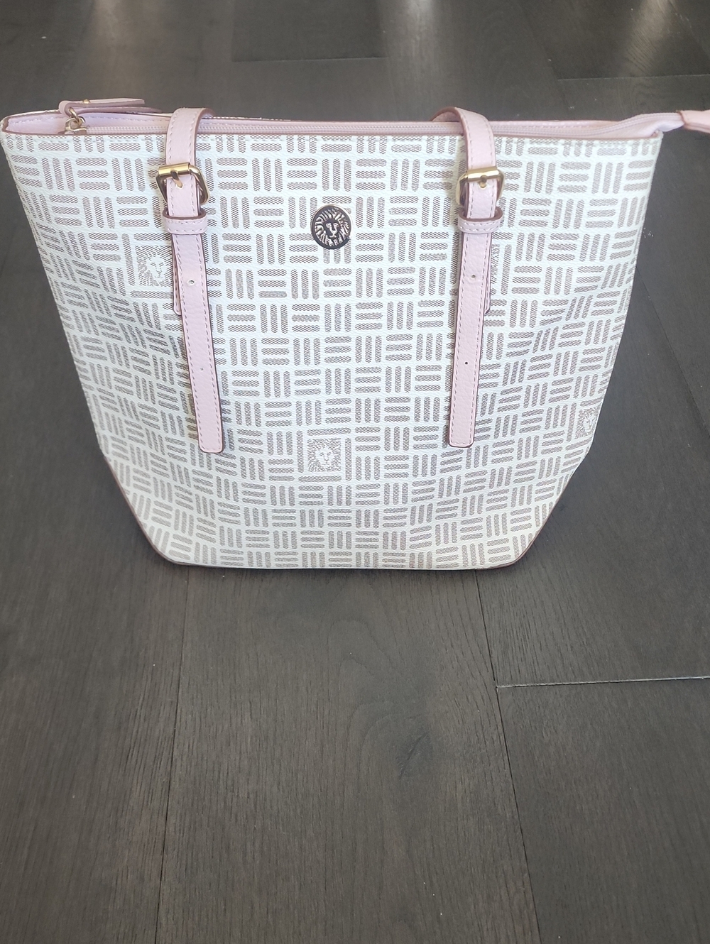 Anne Klein Cream And Brown Patterned With Pink Accents Tote Shoulder Bag Purse
